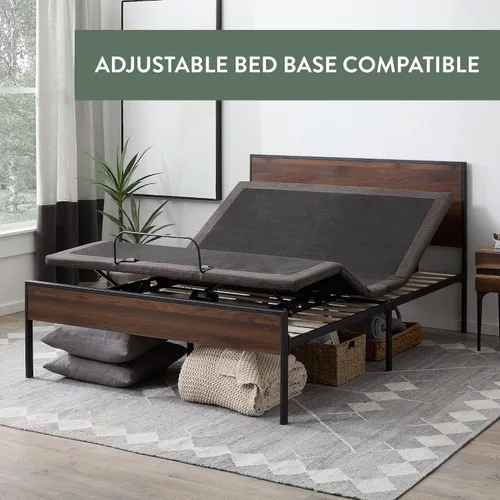 Vista 5 de Edenbrook Base de cama - Cama de plataforma de metal - Cabecero y estribo de madera - Somier opcional, individual, roble marrón