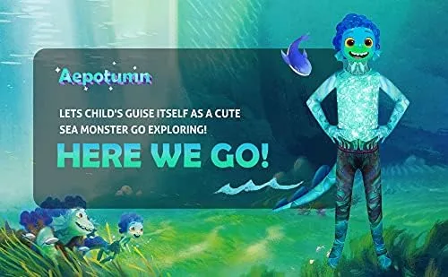 Vista 5 de Aepotumn - Disfraz de monstruo marino para niños, para Halloween, niños, niñas. Enterizo verde para cosplay con máscara 3D para niños de 2-12 años.
