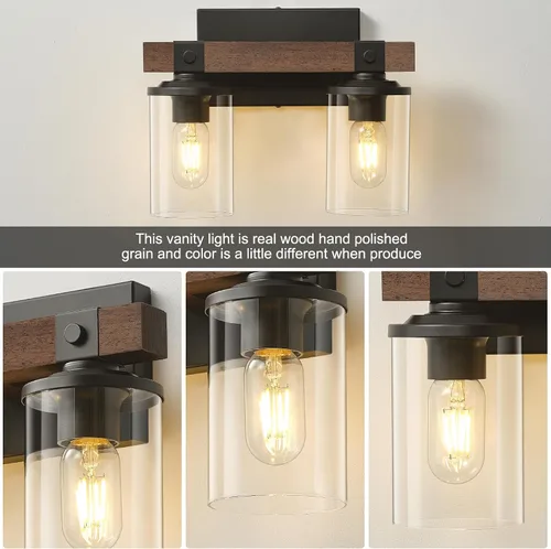 Vista 4 de Lámpara de tocador de granja para baño, accesorios de iluminación rústica de madera Luces de baño de 2 luces sobre espejo vintage de pared