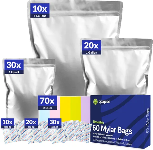 Vista 9 de 50 paquetes de bolsas de mylar de 14 mil con absorbentes de oxígeno, con refuerzo de 1 galón con 500 cc de OA - Bolsas resellables de mylar para 50