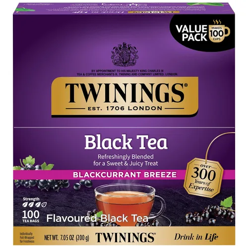 Vista 144 de Twinings Bolsas de té negro Blackcurrant Breeze envueltas individualmente, 20 unidades (paquete de 1), dulce, sabor picante, con cafeína, disfruta
