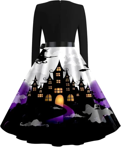 Vista 2 de Disfraces de Halloween para mujer, vestido de manga larga con estampado de calabaza 2023, para fiesta de cosplay, renacentista, faldas para mujer