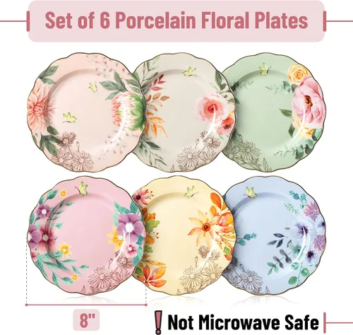 Vista 2 de BTAT - Juego de platos florales de porcelana, paquete de 6, 8 pulgadas Royal Dessert Appetizer Salad Plates Floral Design Small Dinner Plates