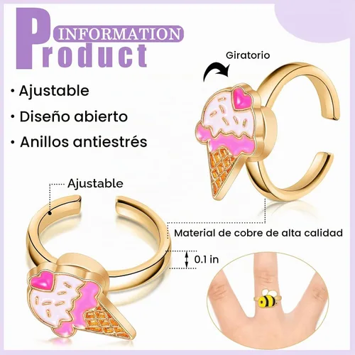Vista 2 de Juego de 9 anillos giratorios giratorios para ansiedad, anillos giratorios para ansiedad, apilables, giratorios, calmantes, ajustables para mujeres