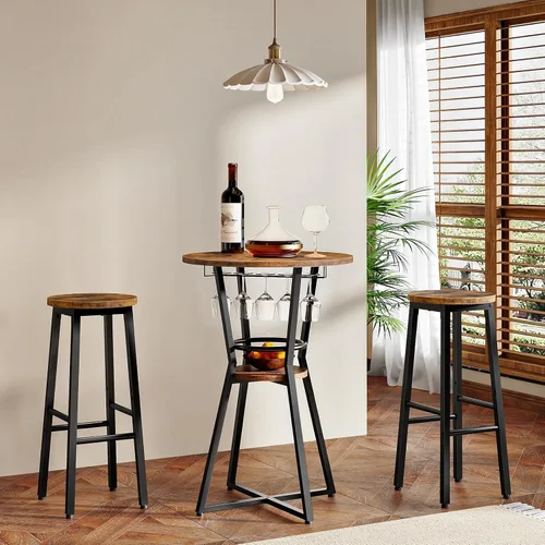 Vista 6 de HOOBRO Mesa redonda de bar, mesa de bar de 2 niveles con soporte para copas de vino, mesa de cóctel industrial, para espacios pequeños, taberna