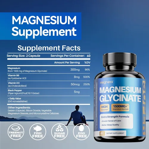 Vista 2 de Glicinato de magnesio – Suplemento de magnesio de alta absorción con vitamina B6, D3 y pimienta negra – Promueve la calma, la relajación y un mejor