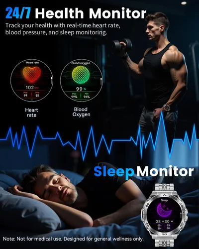 Vista 6 de Military Smart Watches for Men with Bluetooth Call, 1.6" AMOLED Waterproof Smartwatch with Flashlight, 110+ Sport Modes, 600mAh Heart Black