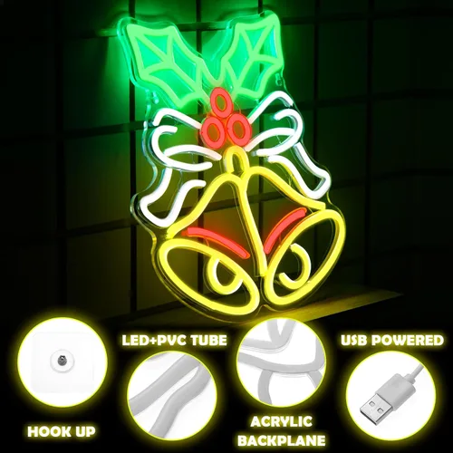 Vista 3 de Xuhal Letrero de neón de campana de Navidad, luces de neón de Navidad, señal LED iluminada por USB para decoración de pared, barra, sala de estar