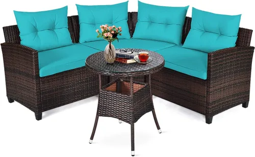 Vista 13 de Tangkula - Juego de muebles de patio de 4 piezas en forma de C de mimbre para exteriores, con cojines y mesa de centro con cubierta de cristal