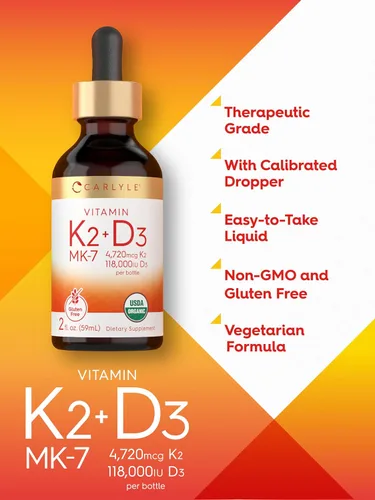 Vista 4 de Carlyle Gotas de vitamina D3 K2 2 onzas líquidas Suplemento MK-7 Fórmula vegetariana, sin OMG, sin gluten y sin soja