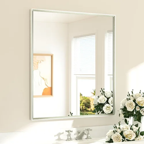 Vista 66 de TETOTE Espejo de baño dorado cepillado de 20" x 30", espejo de tocador de baño rectangular de latón dorado cepillado con marco biselado para sobre