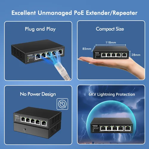 Vista 6 de Yuanley extensor PoE de 5 puertos Gigabit con 4 salidas PoE, 90W de entrada, mini interruptor de 5 canales de 1000Mbps IEEE 802.3af/at/bt, carcasa
