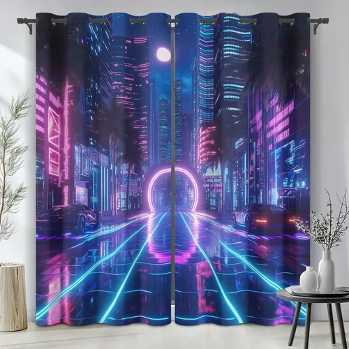 Vista 9 de Neon Synthwave Kitchen Curtains 2 Panels, Neon Cyberpunk Blackout Curtains Thermal Insulated Small Window Curtains, Colorful Futuristic Drapes
