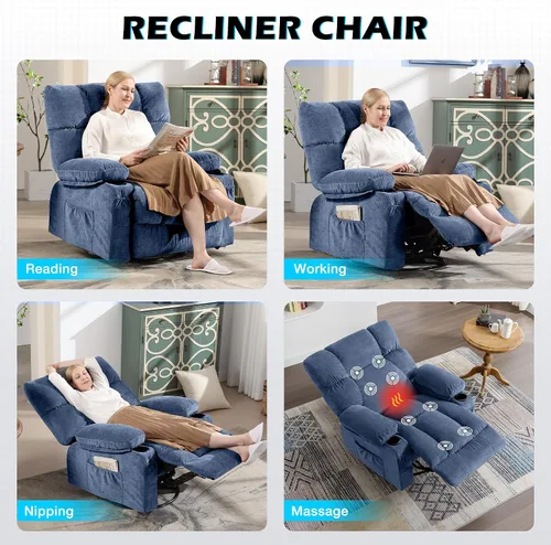 Vista 7 de MAHOMICO Silla reclinable giratoria de gran tamaño con masaje por vibración y calefacción lumbar, giro de 360°, puerto de carga USB, portavasos