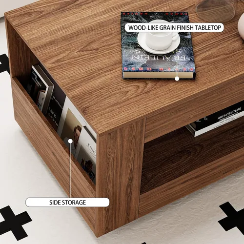 Vista 4 de Mesa de centro con estante abierto, mesa de cóctel moderna de alto brillo para sala de estar, dormitorio, oficina, acabado de grano de madera, marrón