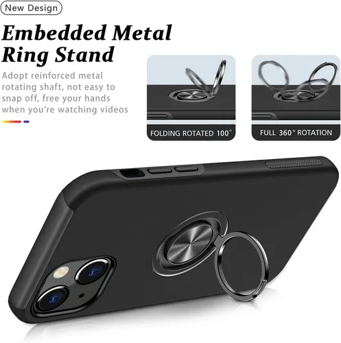 Vista 3 de Funda a prueba de golpes para iPhone 14 de 6.1 pulgadas, [anillo de dedo integrado] funda de teléfono de grado militar con soporte de metal Negro