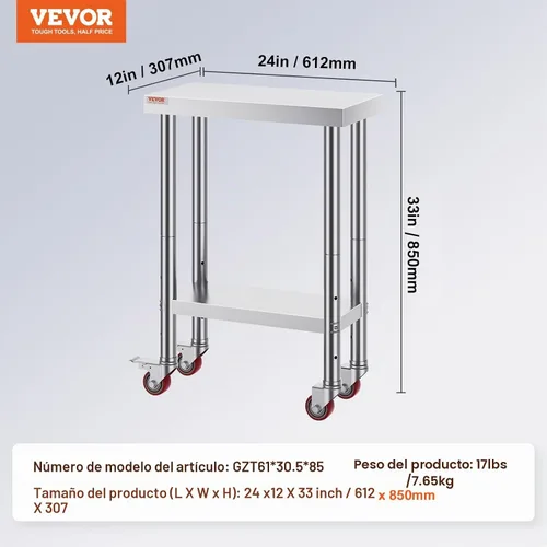 Vista 7 de Vevor Mesa de trabajo de acero inoxidable con ruedas de 24 x 12 x 32 pulgadas, mesa de preparación con 4 ruedas, mesa de trabajo resistente