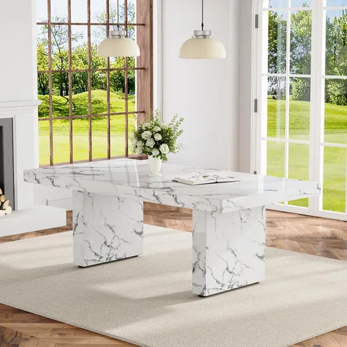 Vista 9 de Ebullient 63" Marble Dining Table, Modern White Dining Room Table