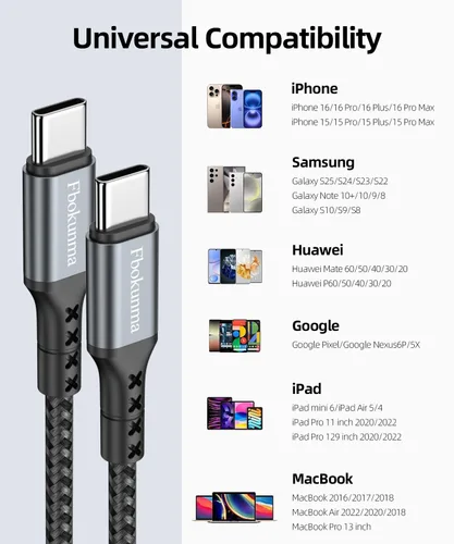Vista 5 de Cable USB C a USB C de 1.5 pies, paquete de 4 cables USBC a USBC de 60 W, cable de carga tipo C a C, carga rápida para iPhone 16 15 Pro Max/Plus