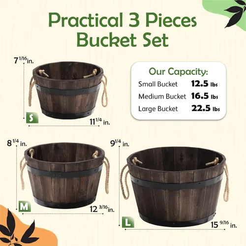 Vista 2 de Juego de 3 cajas de flores de madera para exteriores, macetas de barril de madera de acacia duraderas para plantas al aire libre con asas
