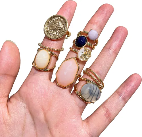 Vista 3 de Juego de anillos de nudillos de cristal dorado para mujeres y adolescentes anillos gruesos coloridos juego de anillos de plata dorada paquete