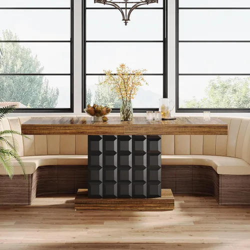 Vista 7 de Tribesigns Mesa de comedor de 63 pulgadas para 4-6, mesa rectangular de madera de granja con relieve geométrico, base de pedestal (café y negro)