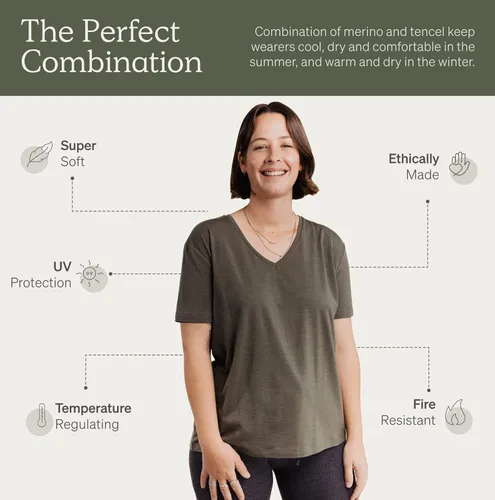 Vista 4 de Nui Organics - Camiseta de lana merino y Tencel para mujer, capa base, tela natural ultrasuave, comodidad durante todo el año, absorbente.