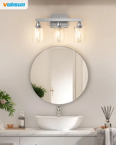 Vista 6 de VOLISUN Accesorios de iluminación de baño de níquel cepillado, 3 luces de cambiador de baño sobre espejo, luces de cambiador modernas para baños