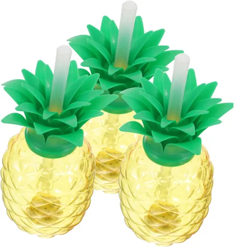 Vista 8 de BESTonZON 3 tazas de piña, 16.9 fl oz con luz LED con popote y tapa, forma de fruta hawaiana, taza tropical para beber agua para playa, fiesta
