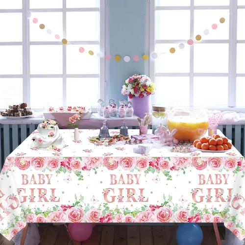 Vista 4 de Paquete de 4 manteles de baby shower, decoraciones de fiesta para niñas, suministros de fiesta de revelación de género, 86 x 51 pulgadas, mantel