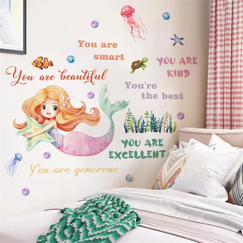 Vista 4 de WAFT YEARN Vinilo extraíble con diseño de sirenas y medusas subacuáticas de animales del océano, decoración de pared para guardería, escuela, aula