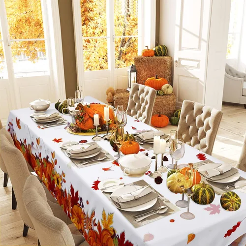 Vista 5 de Mantel de hojas de otoño de Acción de Gracias, tela de hoja de arce, impermeable, rectangular, mantel de calabaza, decoración de mesa de Acción