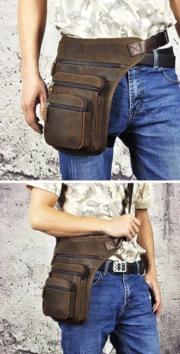 Vista 2 de Le'aokuu Riñonera táctica de cuero genuino para hombre, riñonera, pierna caída, cruzada, bolsa, 3111 A Marrón, Hip Bum - Bolsa para muslos y piernas