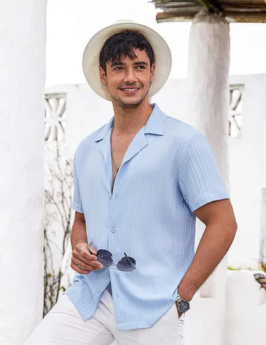 Vista 3 de COOFANDY - Camisas casuales para hombre de manga corta con botones, camisa de playa de verano con textura de moda