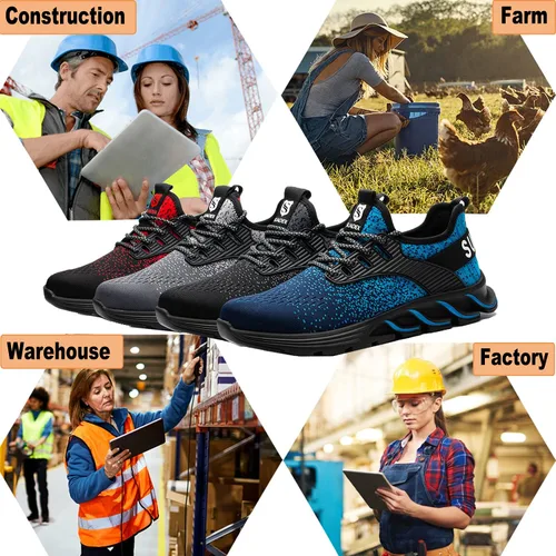 Vista 6 de SUADEX Zapatos de punta de acero para mujer, zapatos de trabajo antideslizantes, ligeros, con punta compuesta, zapatos de seguridad indestructibles
