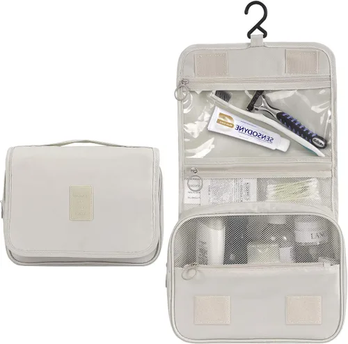 Vista 2 de Trawila Neceser colgante de viaje, bolsa de cosméticos, organizador de maquillaje para hombres y mujeres con gancho resistente, Beige, Moda
