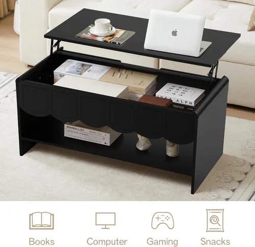Vista 4 de Mesa de centro elevable con compartimento oculto, mesa central de madera de 2 niveles con panel ondulado, moderna mesa elevadora para el hogar, sala
