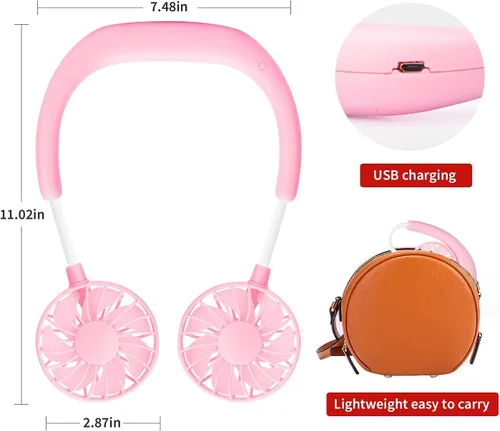 Vista 8 de Ventilador de cuello portátil recargable, ventilador personal manos libres, mini USB, con banda para el cuello, ventilador deportivo de 3 Paquete