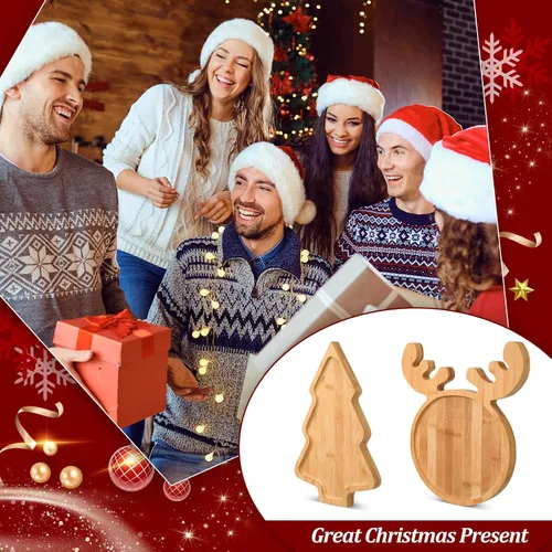 Vista 4 de Sintuff Bandeja de bambú con forma de árbol de Navidad y alce, 2 unidades, de madera natural, para aperitivos, bonitos regalos, para fiesta