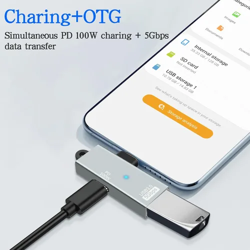 Vista 3 de MEIRIYFA Adaptador OTG USB-C a USB 3.0 2 en 1, USB C de ángulo recto macho a USB 3.0 hembra convertidor de 5Gbps con puerto de carga PD de 100 W