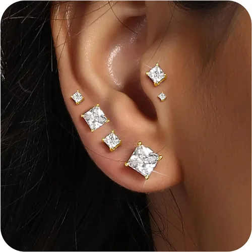 Vista 3 de Juego de 5 pares de aretes tipo dormilona chapados en oro amarillo de 14 quilates con circonita cúbica transparente para mujeres y hombres