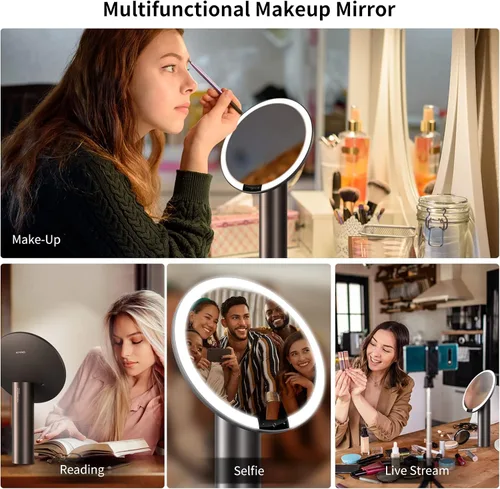 Vista 6 de AMIRO Espejo de maquillaje iluminado de 9" con sensor inteligente y control táctil, 3 colores y 6 niveles de brillo, recargable e inalámbrico, Negro