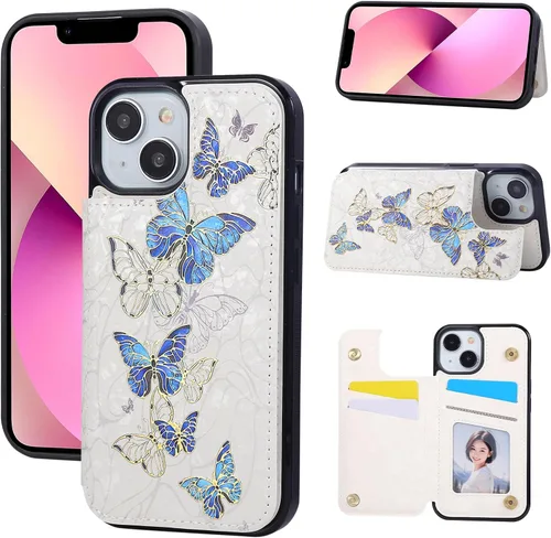 Vista 43 de UEEBAI Funda tipo cartera para iPhone 13 con tarjeteros, piel sintética, diseño floral, función atril, bloqueo RFID, doble cierre magnético, funda