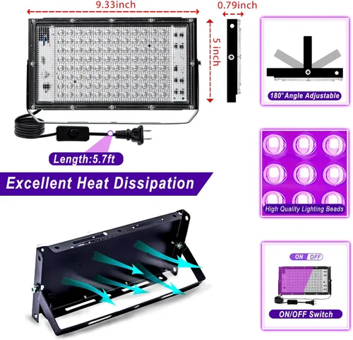 Vista 2 de Paquete de 2 luces negras de 100 W, luz negra LED con enchufe e interruptor de EE. UU., luces negras para brillar, sin fiesta, Halloween, pintura