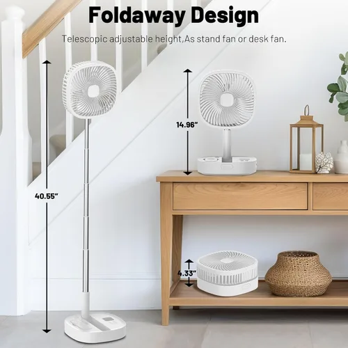 Vista 5 de Ventilador de pedestal oscilante portátil con Romote, 4 velocidades de rotación telescópica de 120°, ventiladores plegables plegables de pie, 7200