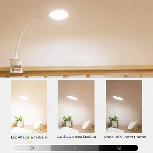 Vista 3 de Lámpara de lectura con clip, funciona con pilas con 3 niveles de brillo, recargable por USB