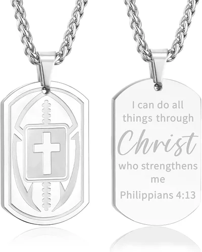 Vista 21 de Collar de cruz de versículo bíblico de fútbol para hombres, regalo religioso de acero inoxidable, joyería deportiva de fútbol, regalos de Pascua