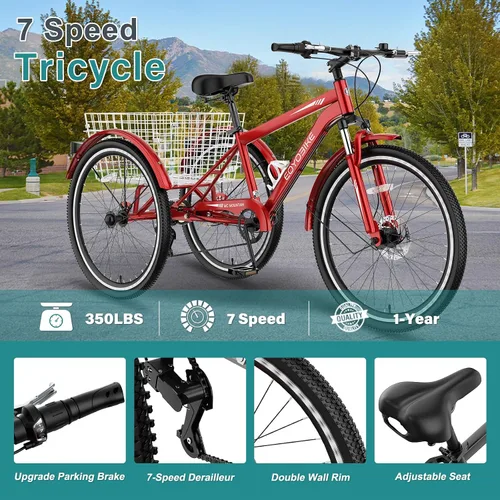 Vista 2 de MOPHOTO Triciclo de montaña para adultos, bicicleta de 3 ruedas de 7 velocidades para adultos/hombres/mujeres, 24/26/27.5 pulgadas, triciclo