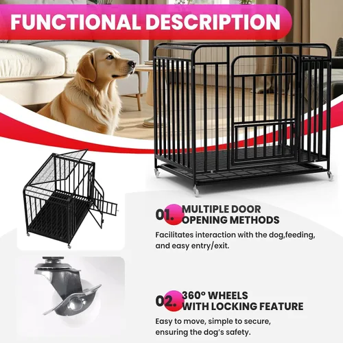 Vista 4 de 42 Heavy Duty Metal Pet Dog Cage Crate 3-Door Lock Design Kennel with 4 Brake Wheels & Removable Bottom Tray