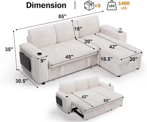 Vista 3 de Vipbear Sofá cama modular de 86 pulgadas con cama extraíble, sofá en forma de L de pana de felpa de 3 asientos con diván de almacenamiento, puertos